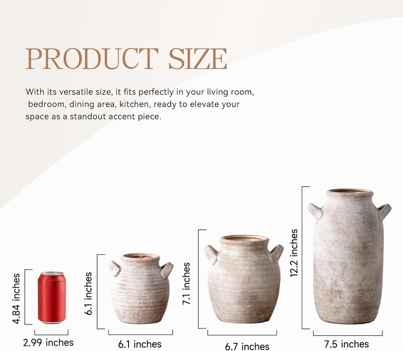 Vanselia Large Flower Vase Home Decor - 12 inch Tall Ceramic Farmhouse Rustic Table Vases with Handle Living Room Decoration Decorative Modern Pottery for Floor Kitchen Shelf Coffee Dining Desk Fireplace - Image 3